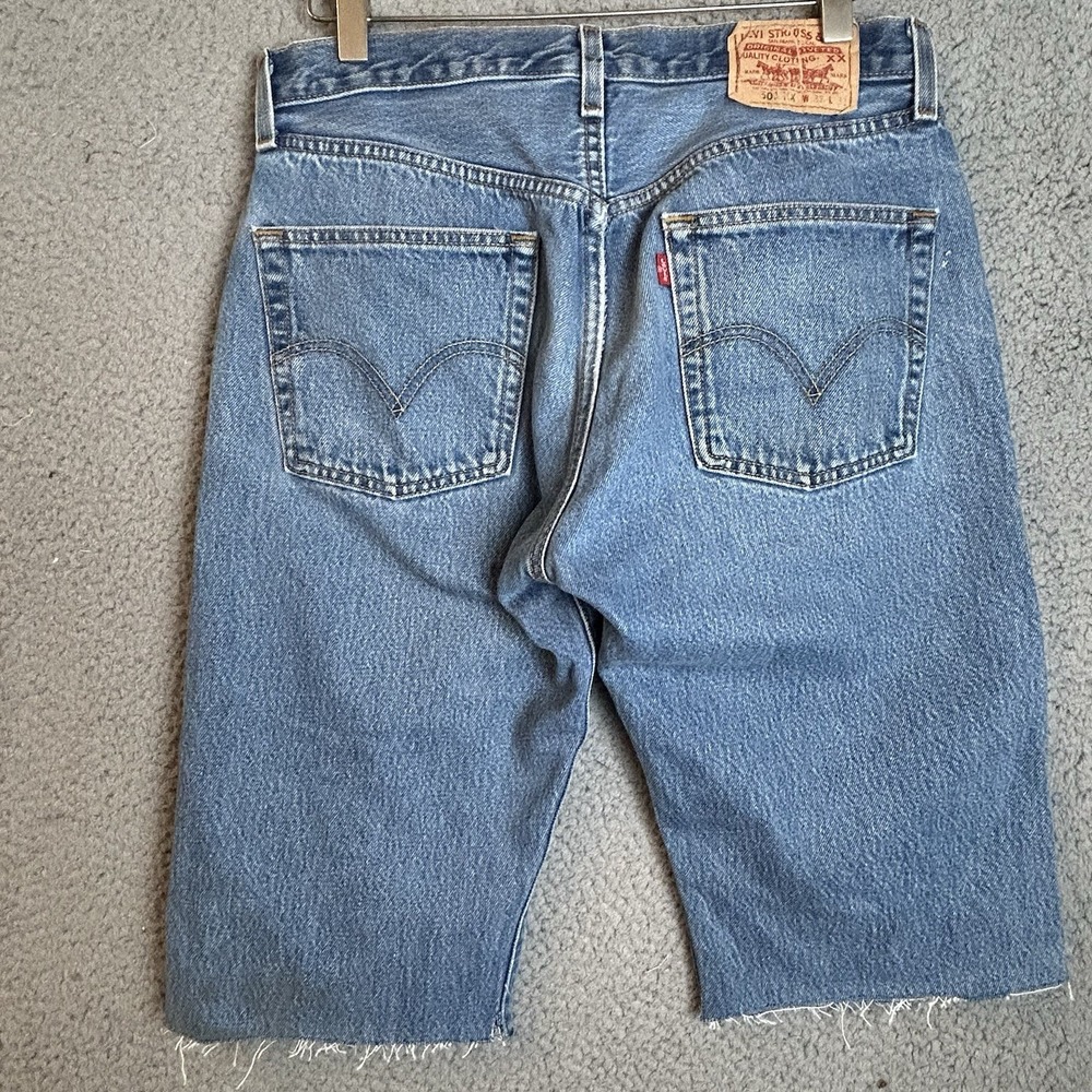 Y2K Levi 501 XX Denim Shorts Men's Size 31 Button Fly Denim Raw Hem 14" Inseam